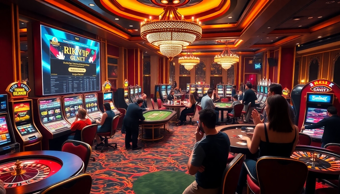 An engaging casino scene with players at poker tables and slot machines, highlighting the excitement of rikvip.gb.net.