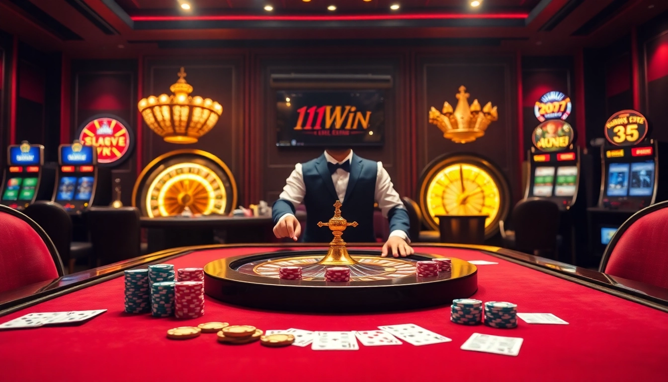 Experience high-stakes play at the nhà cái 11WIN casino with exciting tables and vibrant gaming elements.