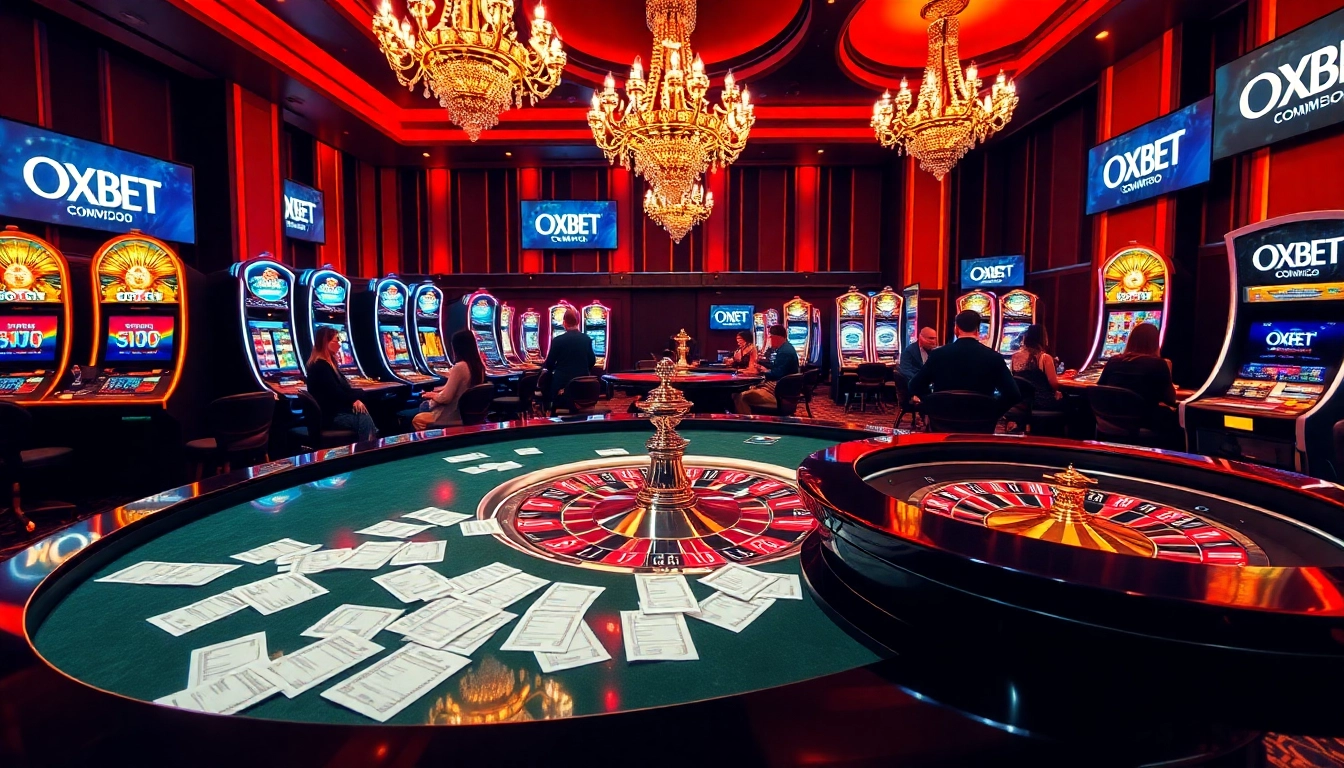 Experience the excitement of OXBET COM with glamorous casino visuals featuring roulette and slot machines.