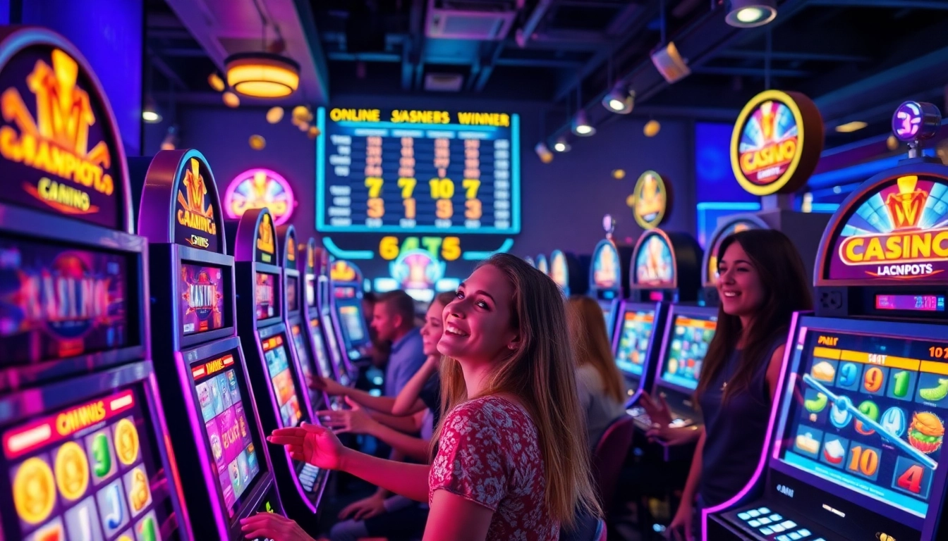 Exciting slot gaming scene showing players engaged with vibrant slot machines.