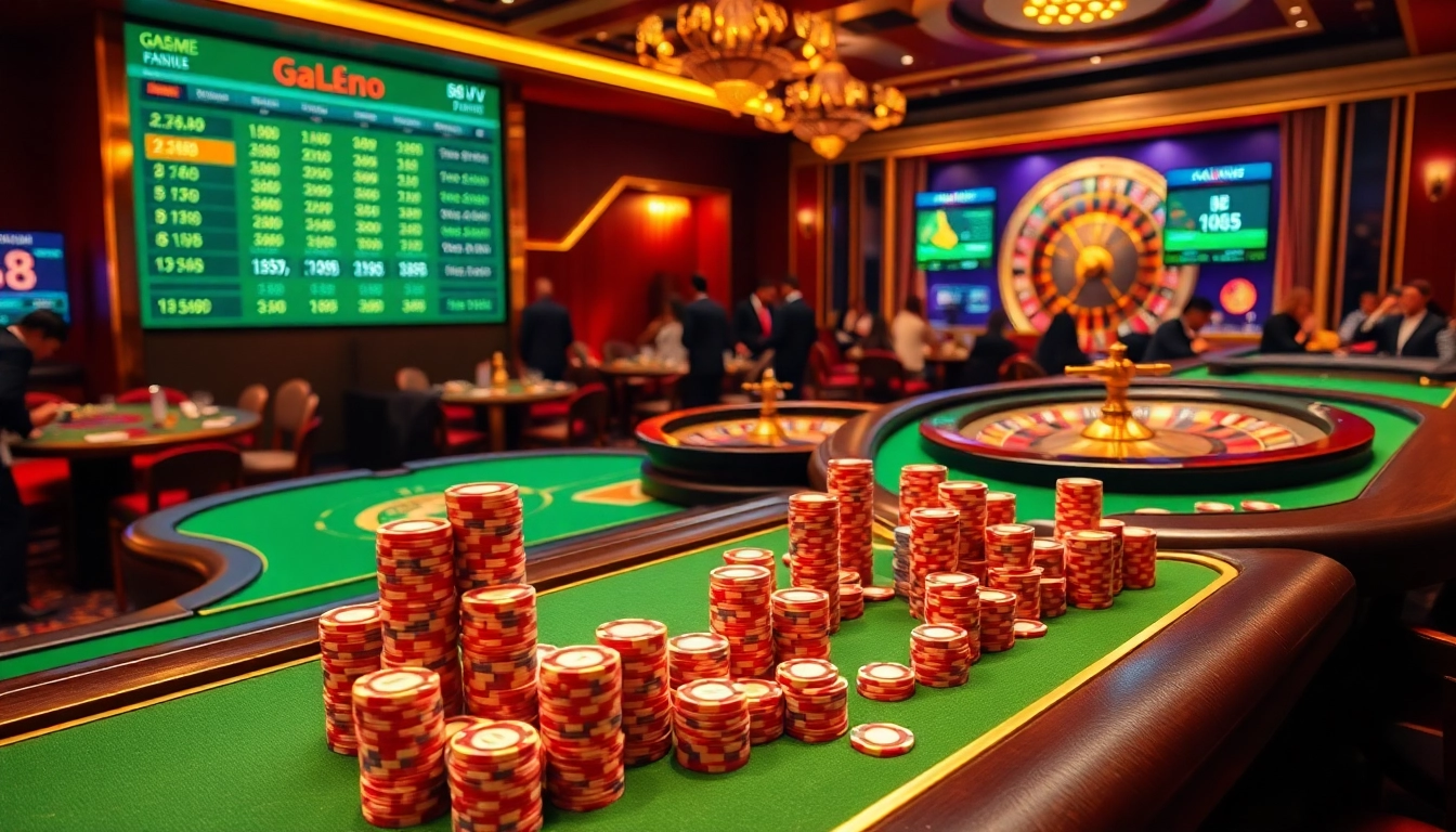 Experience vibrant gameplay at 88vv with a luxurious casino atmosphere filled with poker tables and roulette wheels.