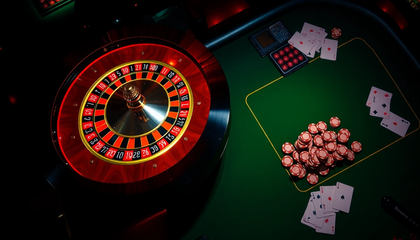 Engaging scene at nhà cái LUCKY88 online casino with roulette wheel and vibrant poker table.