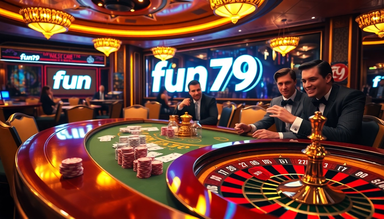 Excited players engaging at a high-stakes table in a luxurious casino atmosphere with fun79 elements.