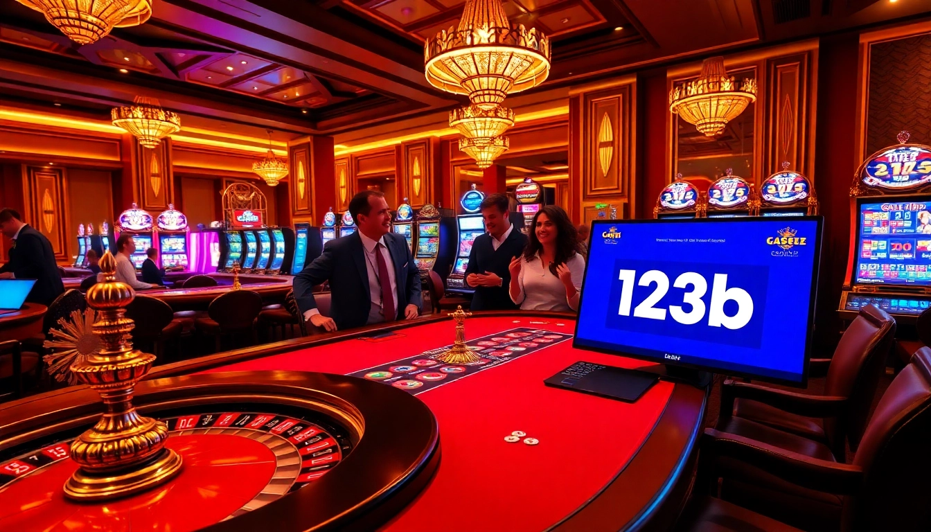 Excited players engaging in a luxurious casino environment featuring 123b slot machines and poker tables.