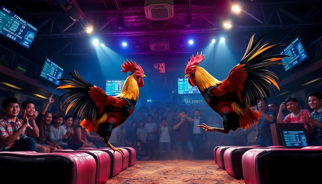 Thrilling live cockfighting match at dagawin.live with cheering spectators and vibrant atmosphere.