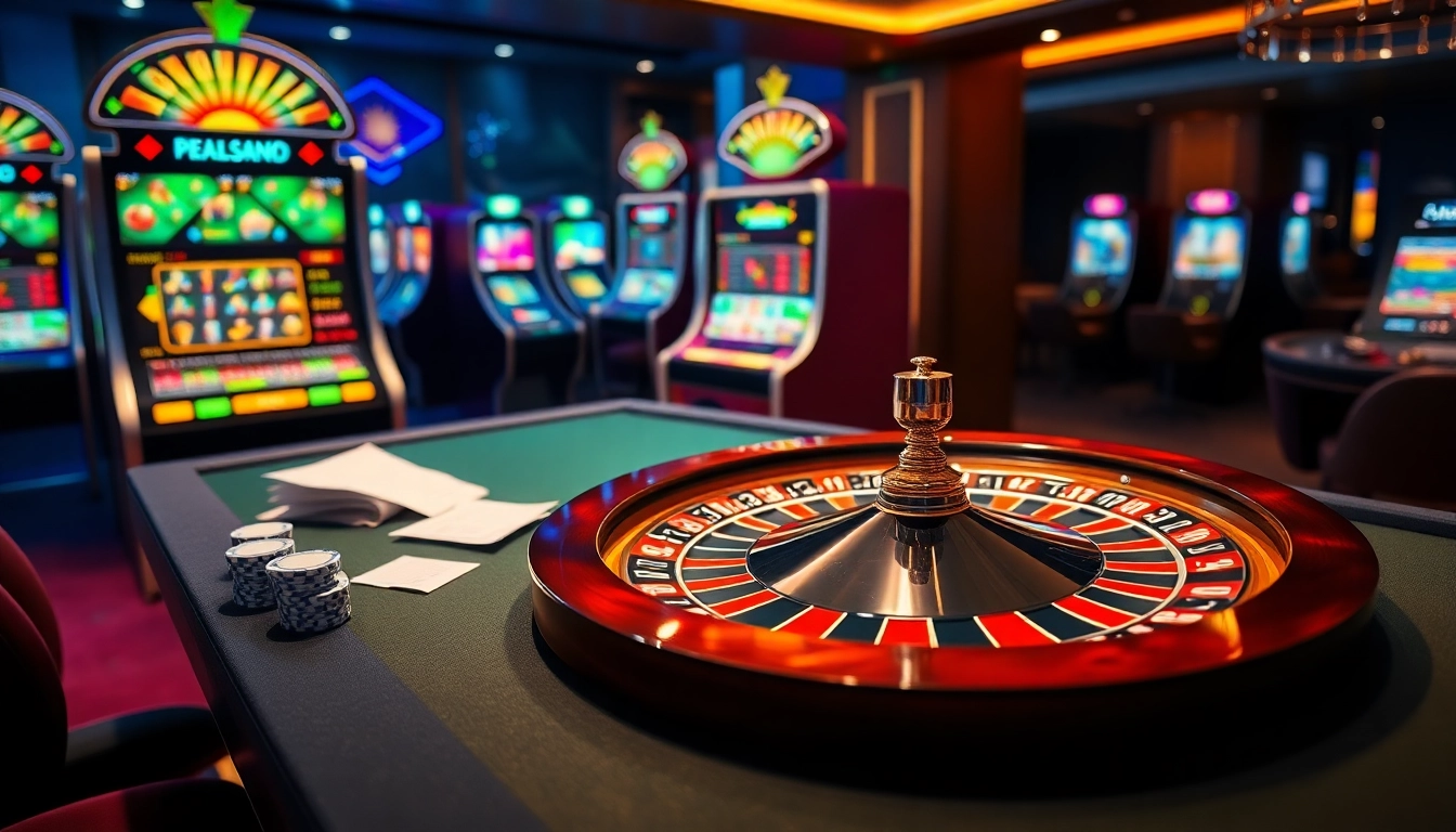 Experience the excitement of betting at https://fun88.foundation/ with vibrant slot machines and a spinning roulette wheel.