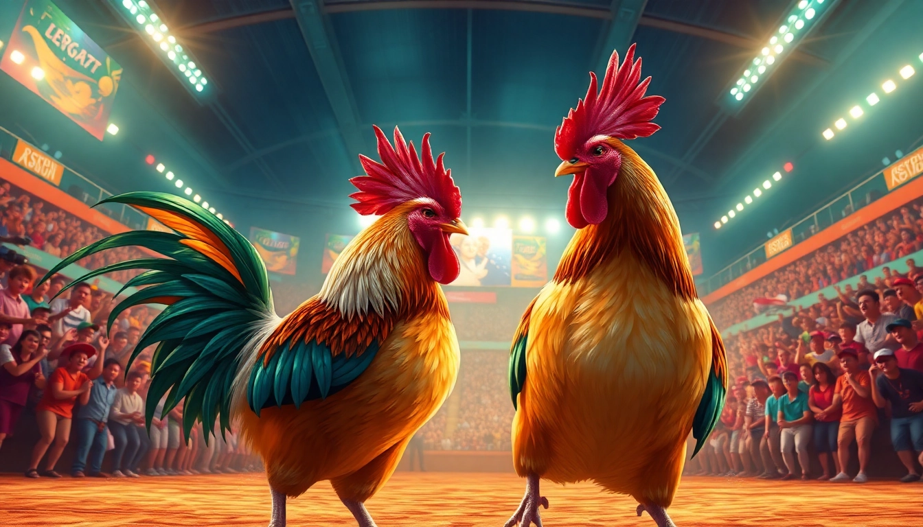 Exciting live cockfighting scene highlighting sv368win.live, with dynamic roosters and an enthusiastic audience.