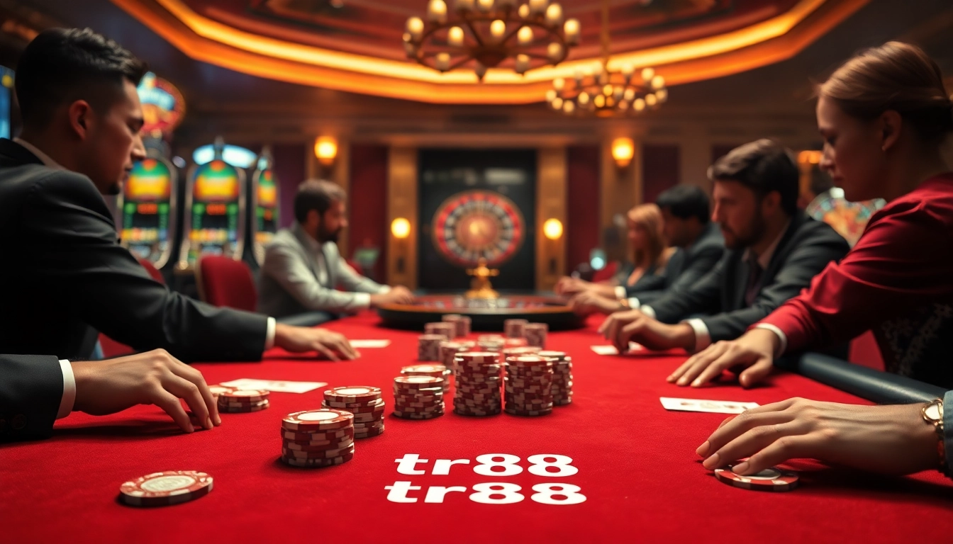 Players strategize and place bets at a stylish poker table in a luxury casino ambiance featuring tr88 branding.