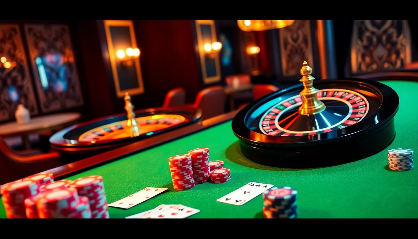 Exciting gaming scene at NK88 casino featuring poker chips and a roulette wheel.